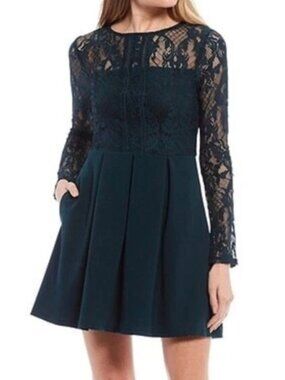 NEW XTRAORDINARY Long Sleeve Green Lace Illusion Party Mini Skater Dress JUNIORS